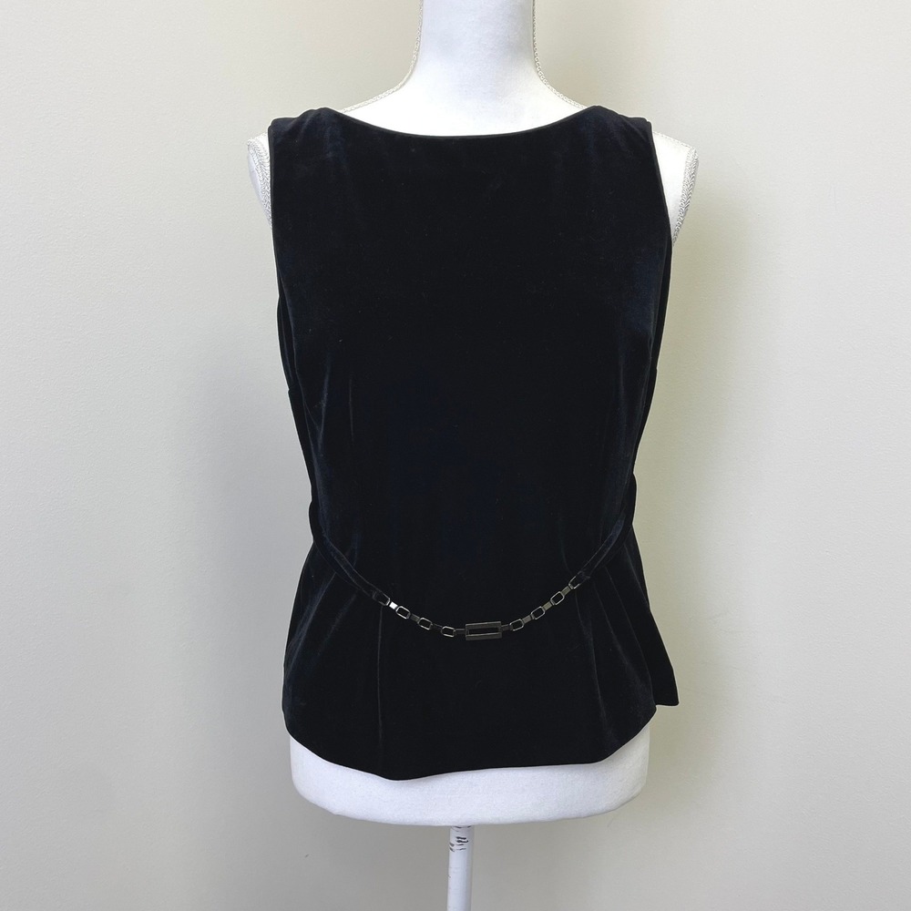 90s David Warren Petites Black Velvet Sleeveless Top 8P Chain Waist Detail
